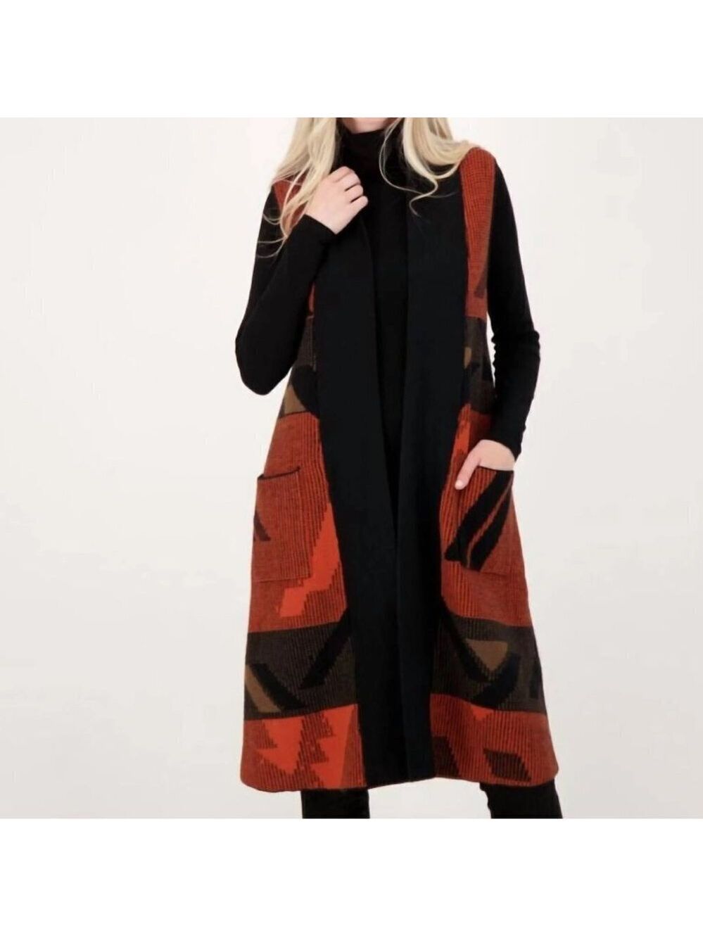 Gabby Isabella Penny Knit Duster Open Front Vest in Copper and Black Size S